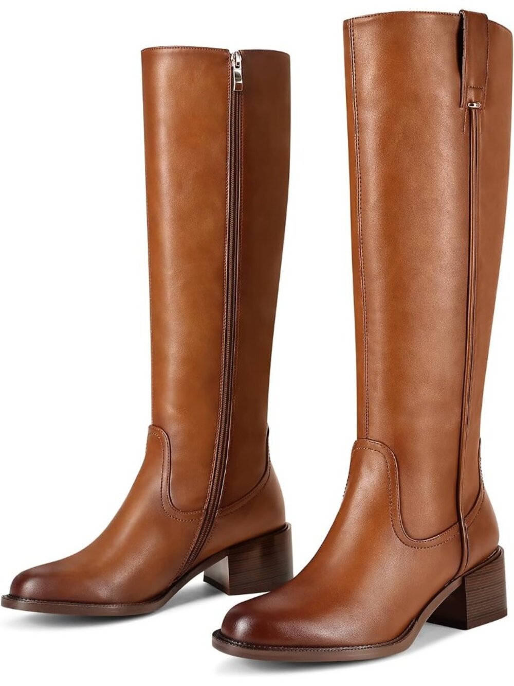 Women's Brown Knee High Boots Chunky Heel Tall Riding Boots Leather Round Toe - Picture 4 of 6